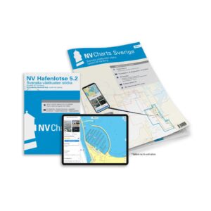 Mockup av NV Charts SE 5.2 sjøkart for svenske vestkysten sørlige del (Lysekil–Varberg), kombi papir og digital