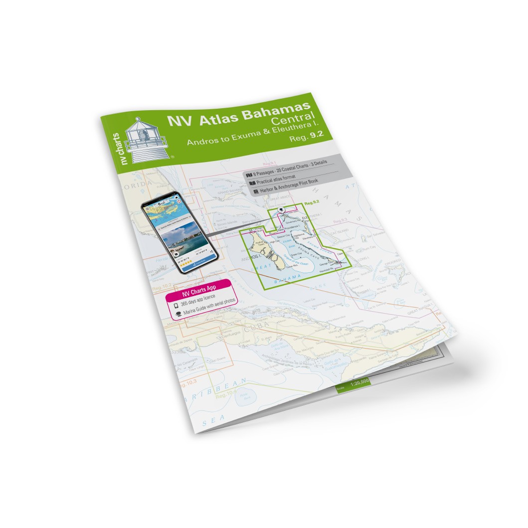 Mockup av NV Charts Bahamas 9.2 sjøkart for Central Andros til Exumas & Eleuthera Islands