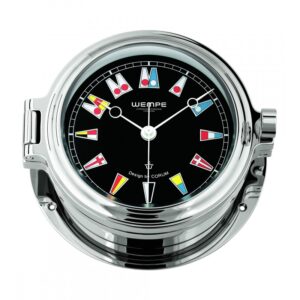 Wempe Regatta Ship’s Clock 140 mm krom-belagt rustfritt stål corum flagg svart urskive.