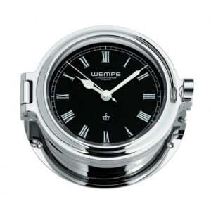 Wempe Regatta Ship’s Clock 140 mm krom-belagt rustfritt stål romertall matt svart urskive.