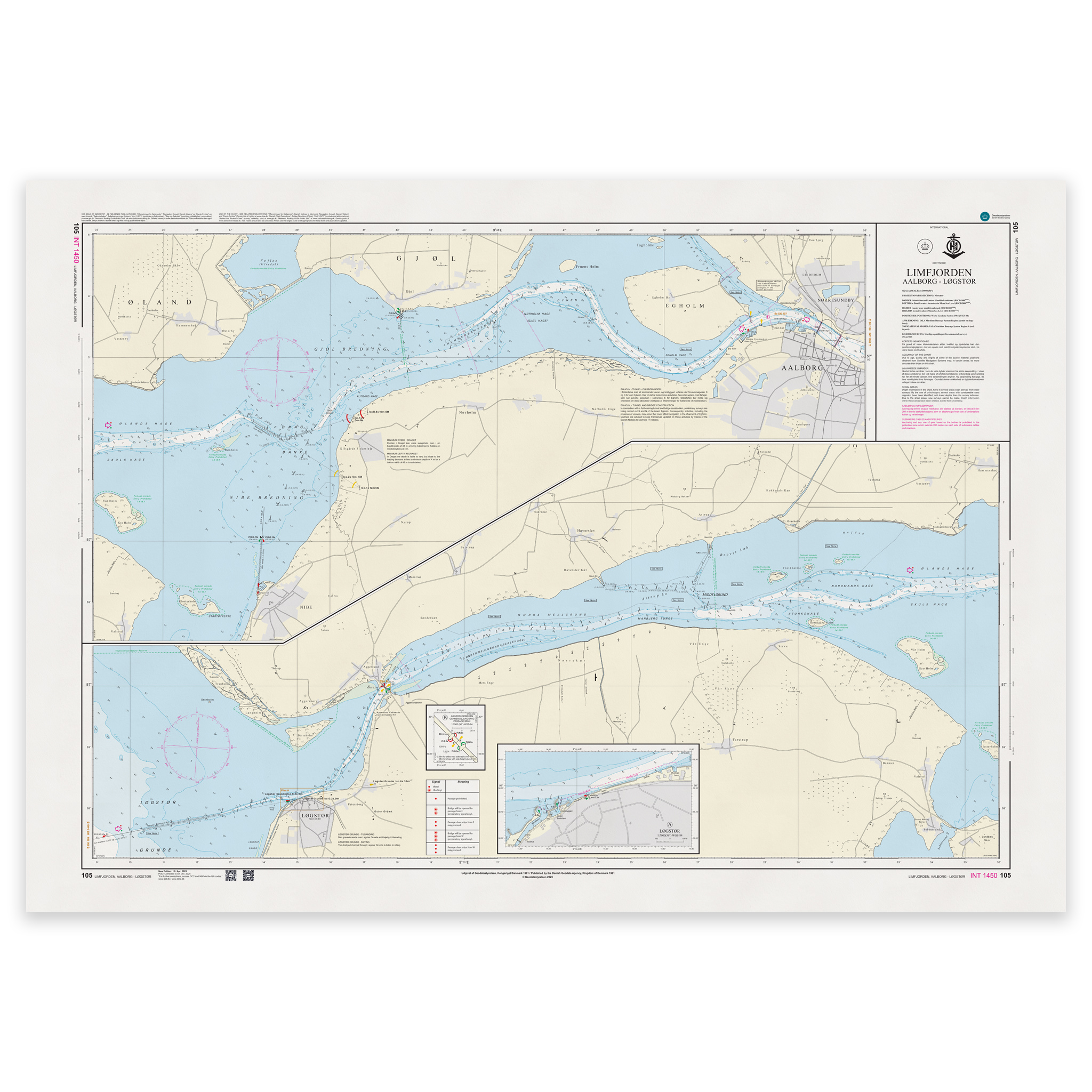 Offisielt sjøkart Denmark Chart 105 Limfjorden Aalborg Løgstør 1:30 000 INT 1450