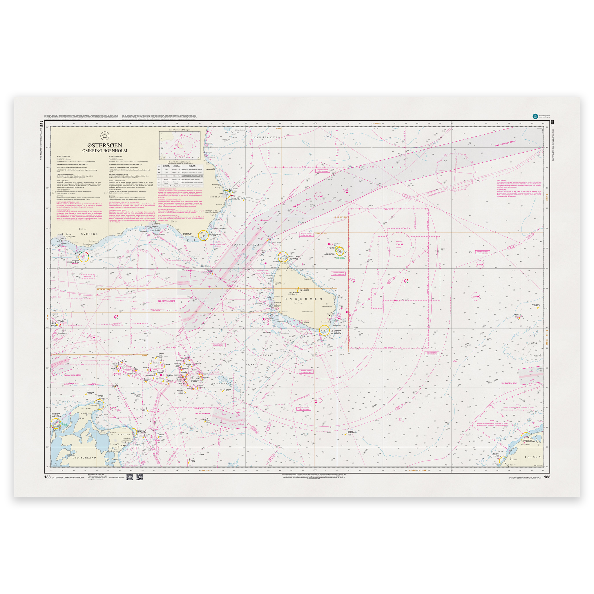 Offisielt sjøkart Denmark Chart 188 Østersøen omkring Bornholm 1:250 000