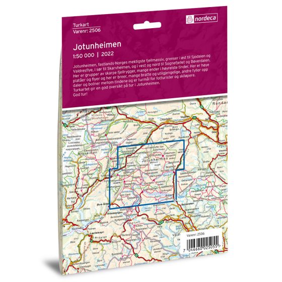 Kartutsnitt fra Jotunheimen DNT turkart 1:50 000 med stier og DNT-hytter