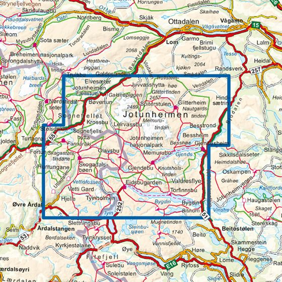 Kartutsnitt fra Jotunheimen DNT turkart 1:50 000 med stier og DNT-hytter