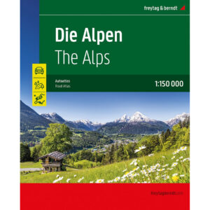 Omslag til stort bilatlas over Alpene med alpelandskap