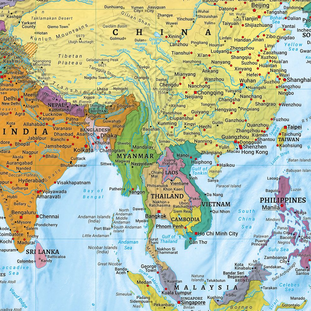 Detaljutnitt av verdenskart med byer og landegrenser