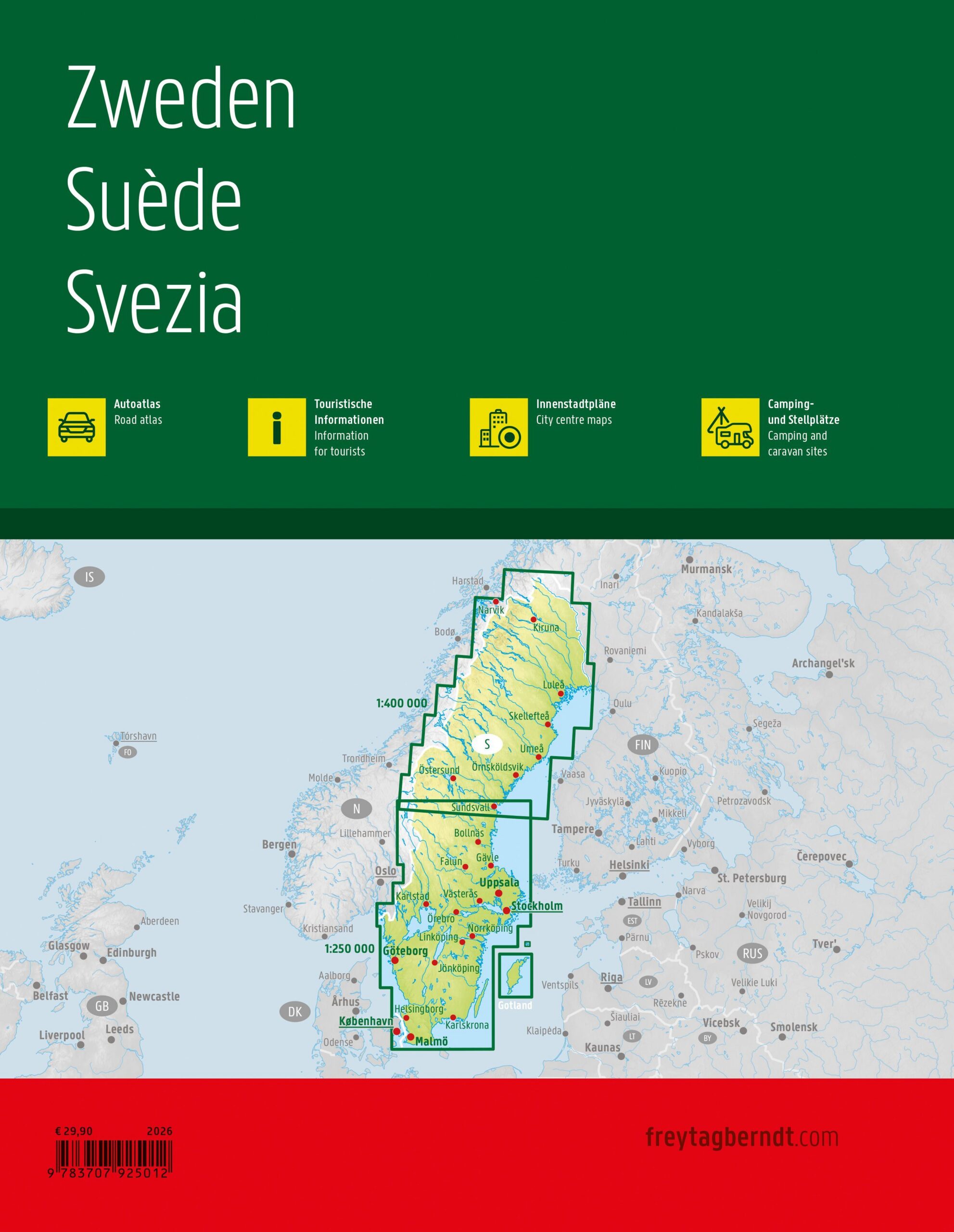 Bilatlas over Sverige med detaljert veinett og turistinformasjon