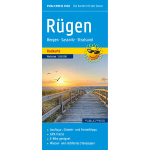 Omslag til sykkelkart over Rügen med kystmotiv og sykkeltema