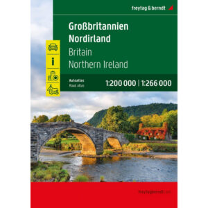 Omslag til stort bilatlas over Storbritannia og Nord-Irland med landskapsmotiv