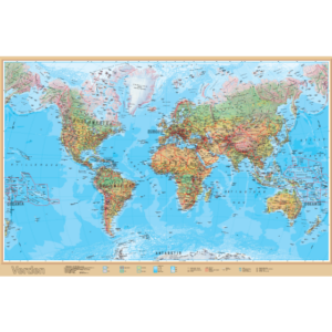 Verdenskart i målestokk 1:30 000 000 med land og hovedsteder på norsk