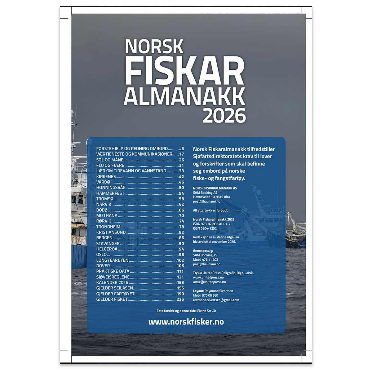 Innholdsfortegnelse i Norsk Fiskaralmanakk 2026 med oversikt over sjøveisregler og navigasjon