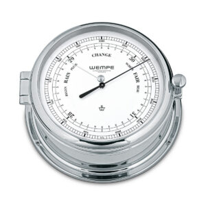 Wempe Admiral II mechanical barometer in chrome-plated brass with white dial and blue details.