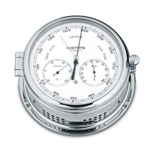 Wempe Admiral II maritime combination instrument in chrome-plated brass with barometer, thermometer and hygrometer. Shows black and white dial. 