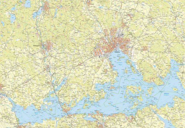 Kartutsnitt fra Calazo Västra Mälaren turkart som viser merkede turstier, sykkelruter, naturreservater, innsjøområder, kystlinjer og friluftsområder rundt den vestlige delen av Mälaren.