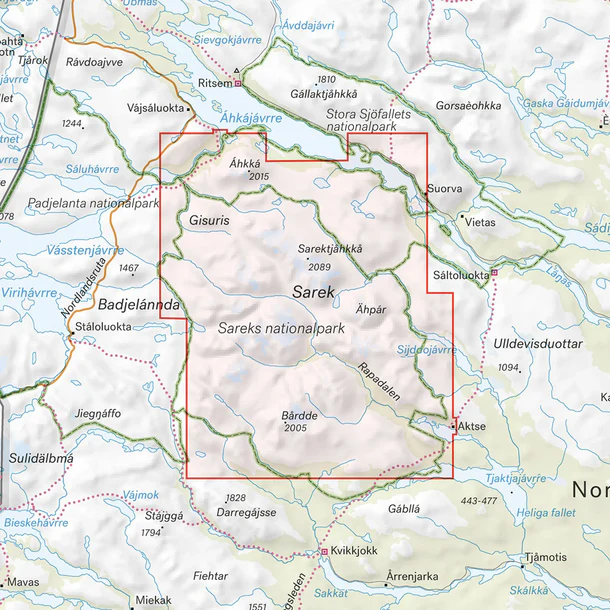 Kartutsnitt Sareks nationalpark turkart 1:50 000 Lappland