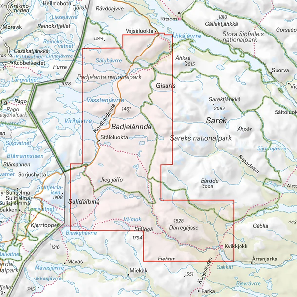 Kartutsnitt Padjelantaleden turkart 1:50 000 Lappland