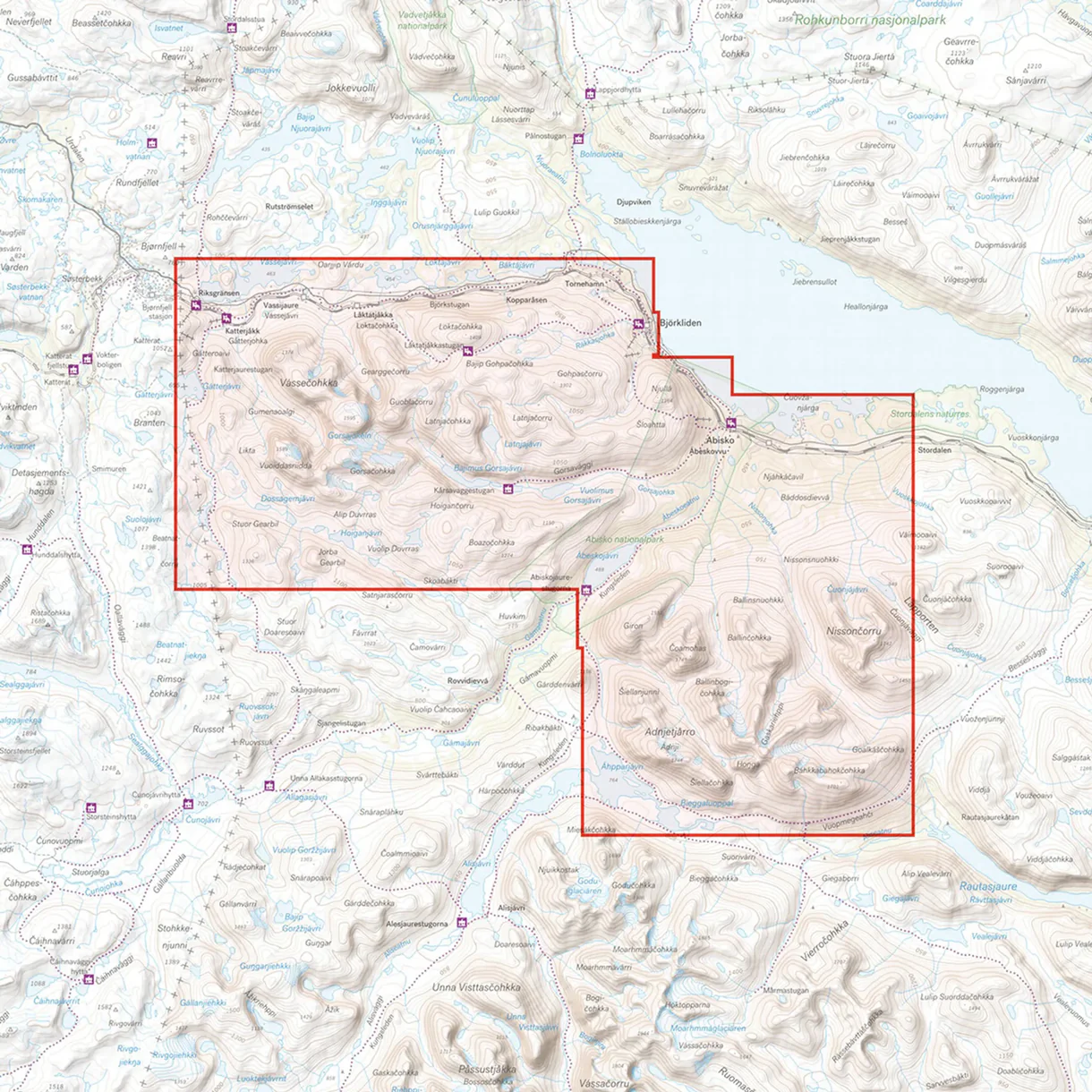 Kartutsnitt Abisko Björkliden Riksgränsen turkart 1:25 000