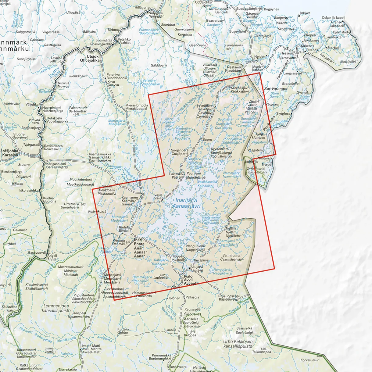 Kartutsnitt Inarijärvi Vätsäri Tsarmitunturi turkart 1:25 000