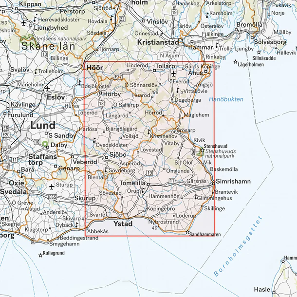 Map section: Southeast Skåne hiking map, scale 1:50,000