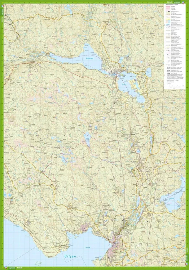 Kartutsnitt fra Calazo Mora, Rättvik & Orsa turkart som viser merkede turstier, sykkelruter, innsjøer, skoger og friluftsområder rundt Siljan i Dalarna.