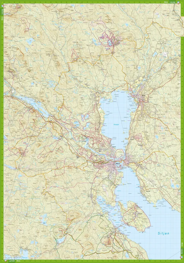 Kartutsnitt fra Calazo Mora, Rättvik & Orsa turkart som viser merkede turstier, sykkelruter, innsjøer, skoger og friluftsområder rundt Siljan i Dalarna.