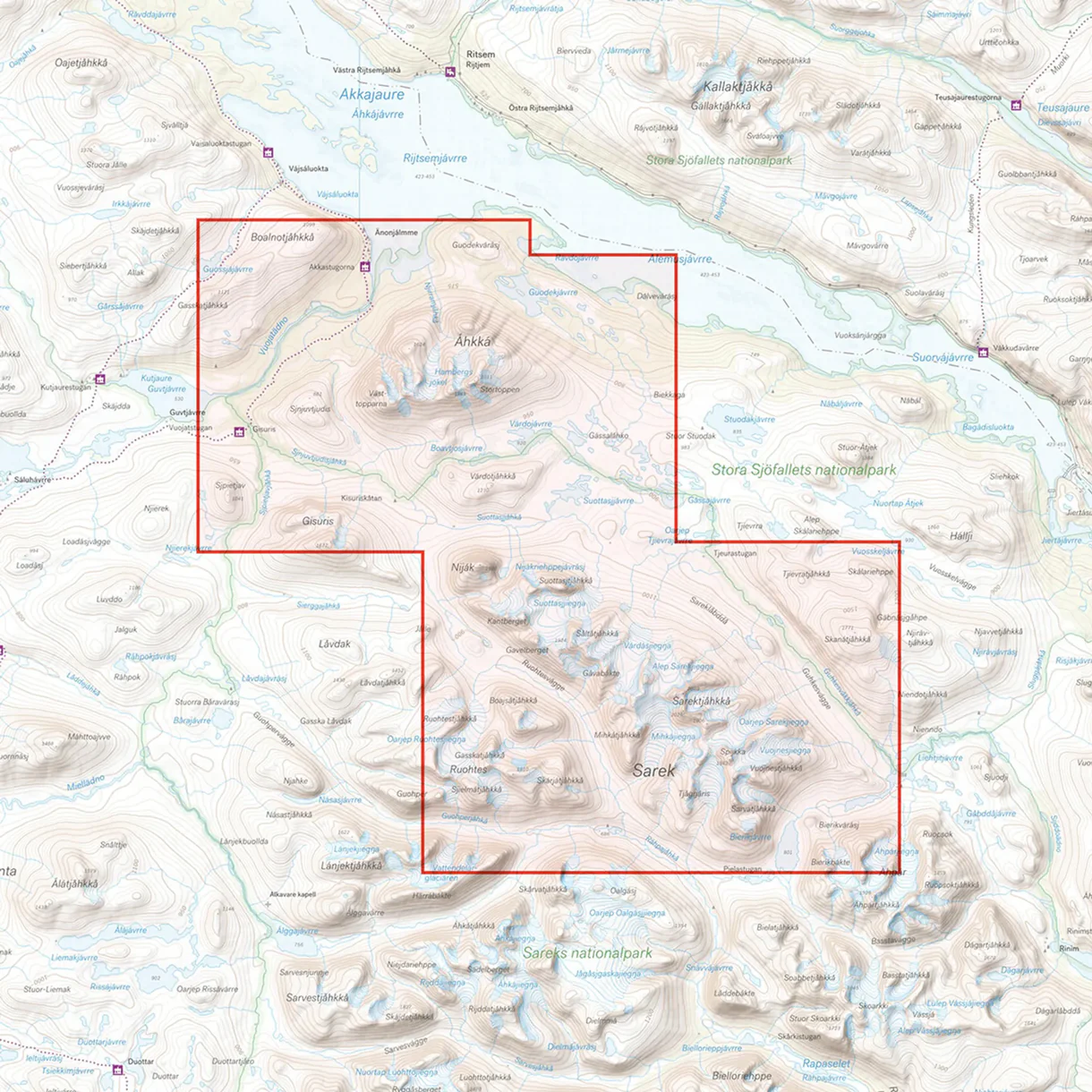 Kartutsnitt Áhkká Sarektjåkkå turkart 1:25 000 Sarek