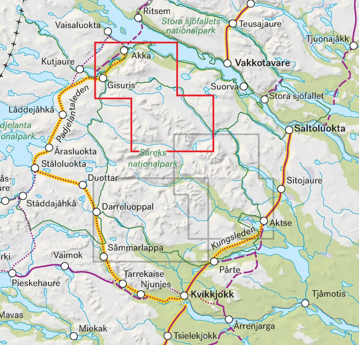 Kartutsnitt Áhkká Sarektjåkkå turkart 1:25 000 Sarek