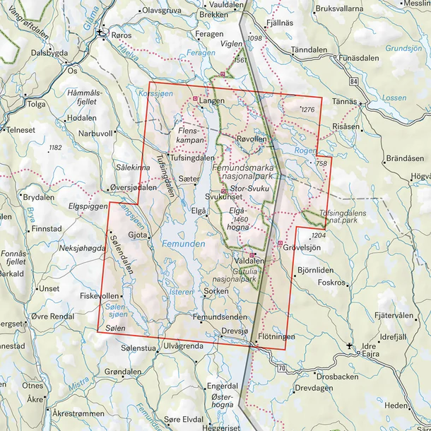 Map section: Femundsmarka hiking map, scale 1:50,000