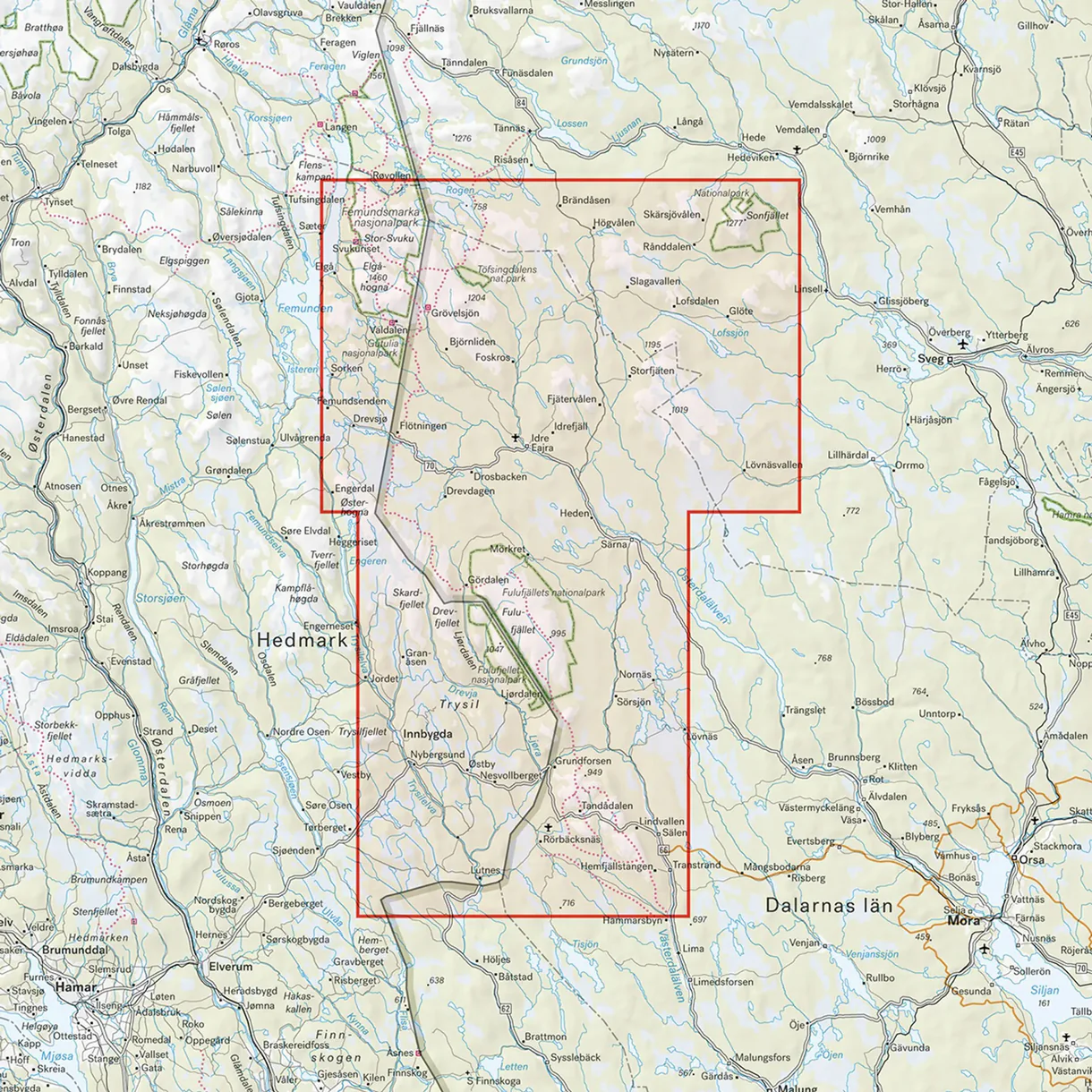 Kartutsnitt Dalafjällen Trysil turkart 1:100 000