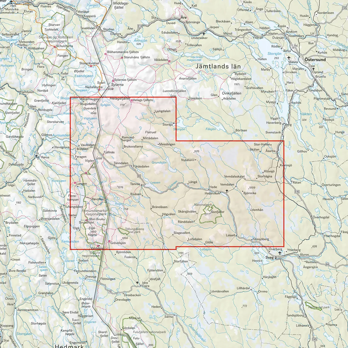 Kartutsnitt Härjedalsfjällen turkart 1:100 000