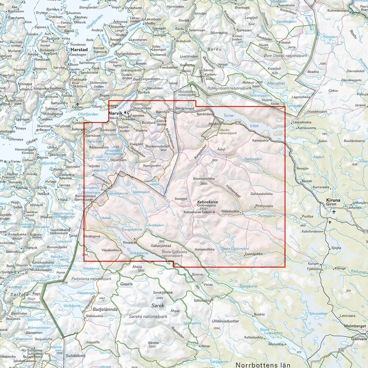 Map section: Kebnekaise Mountains, Narvik hiking map, 1:100,000