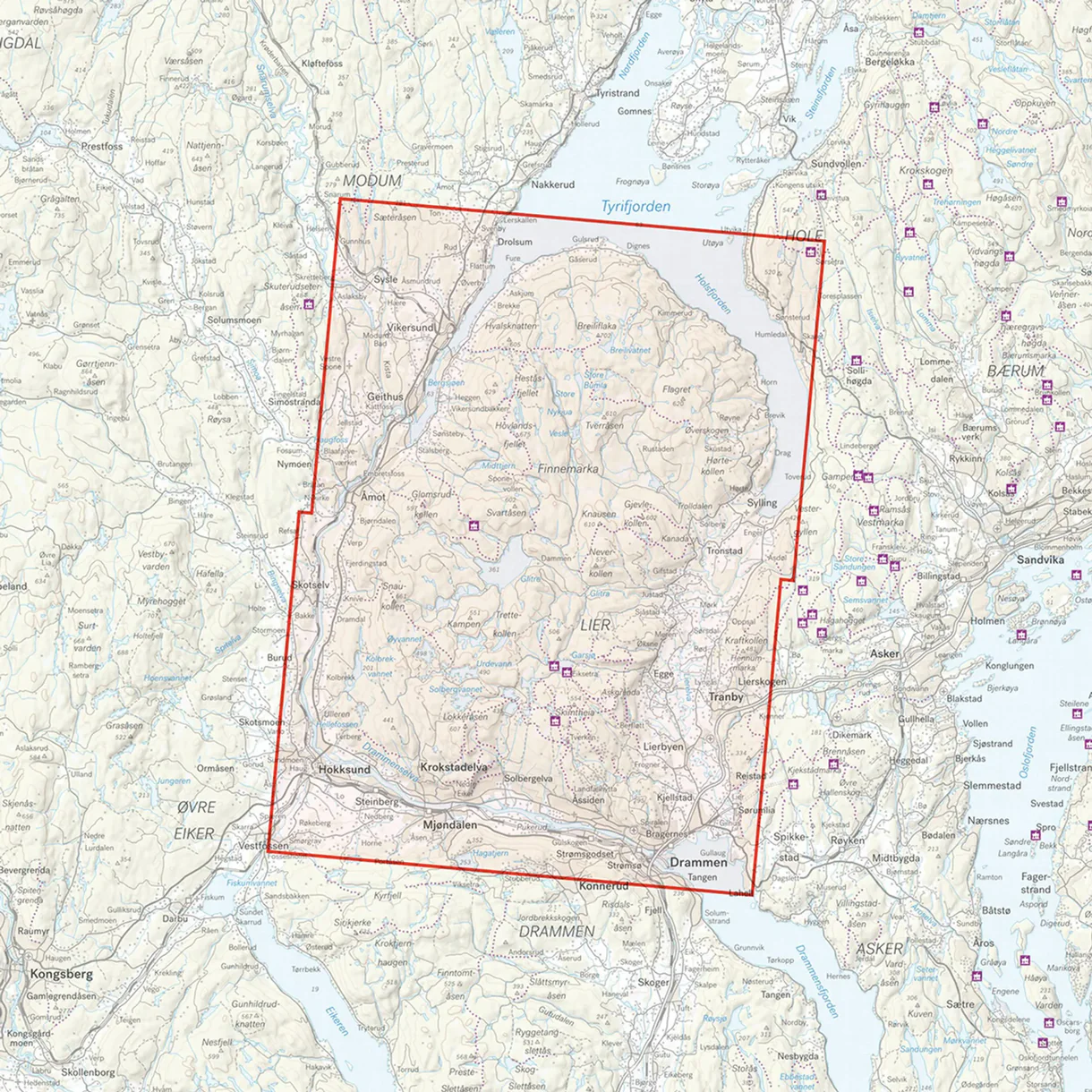 Map section: Finnemarka trail map, scale 1:25,000
