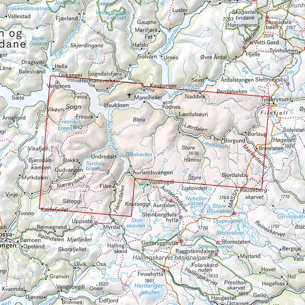 Map section: Nærøyfjorden and Lærdalen hiking map, scale 1:50,000