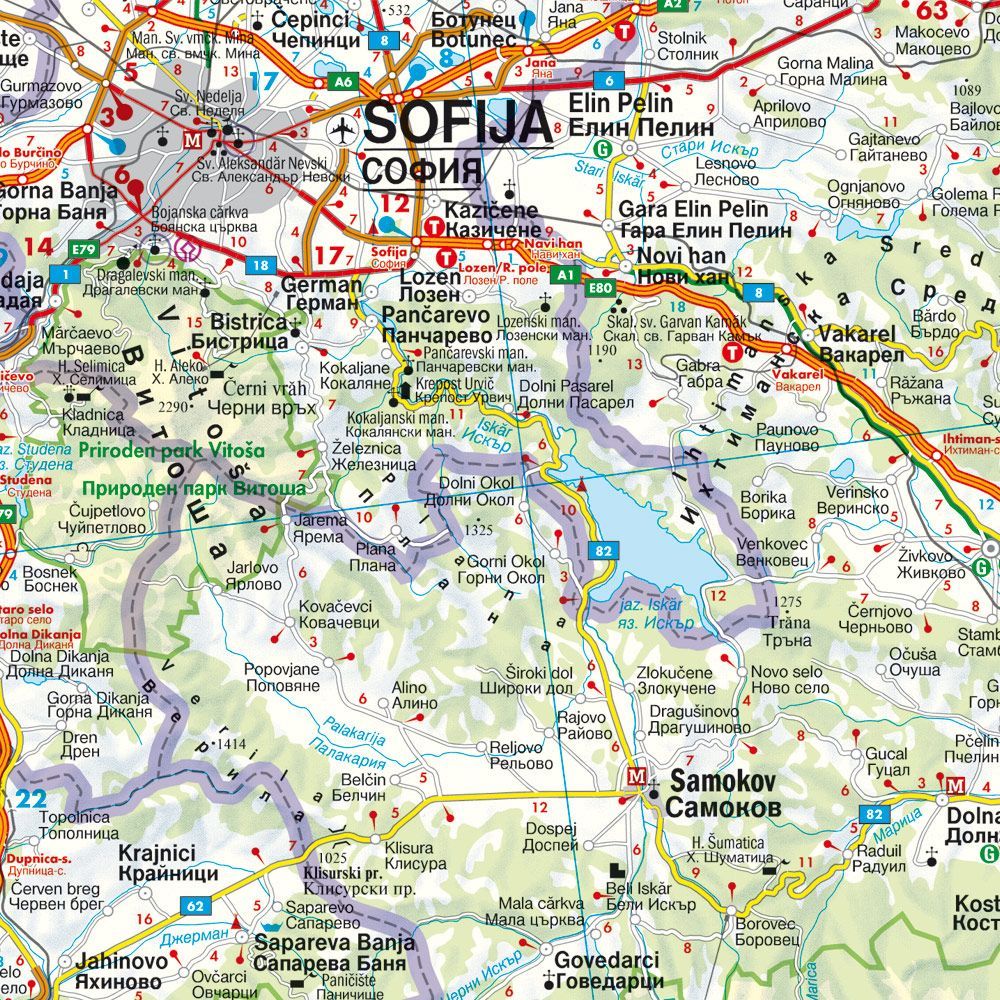 Detaljutsnitt av veikart over Bulgaria som viser Sofia og nærliggende områder