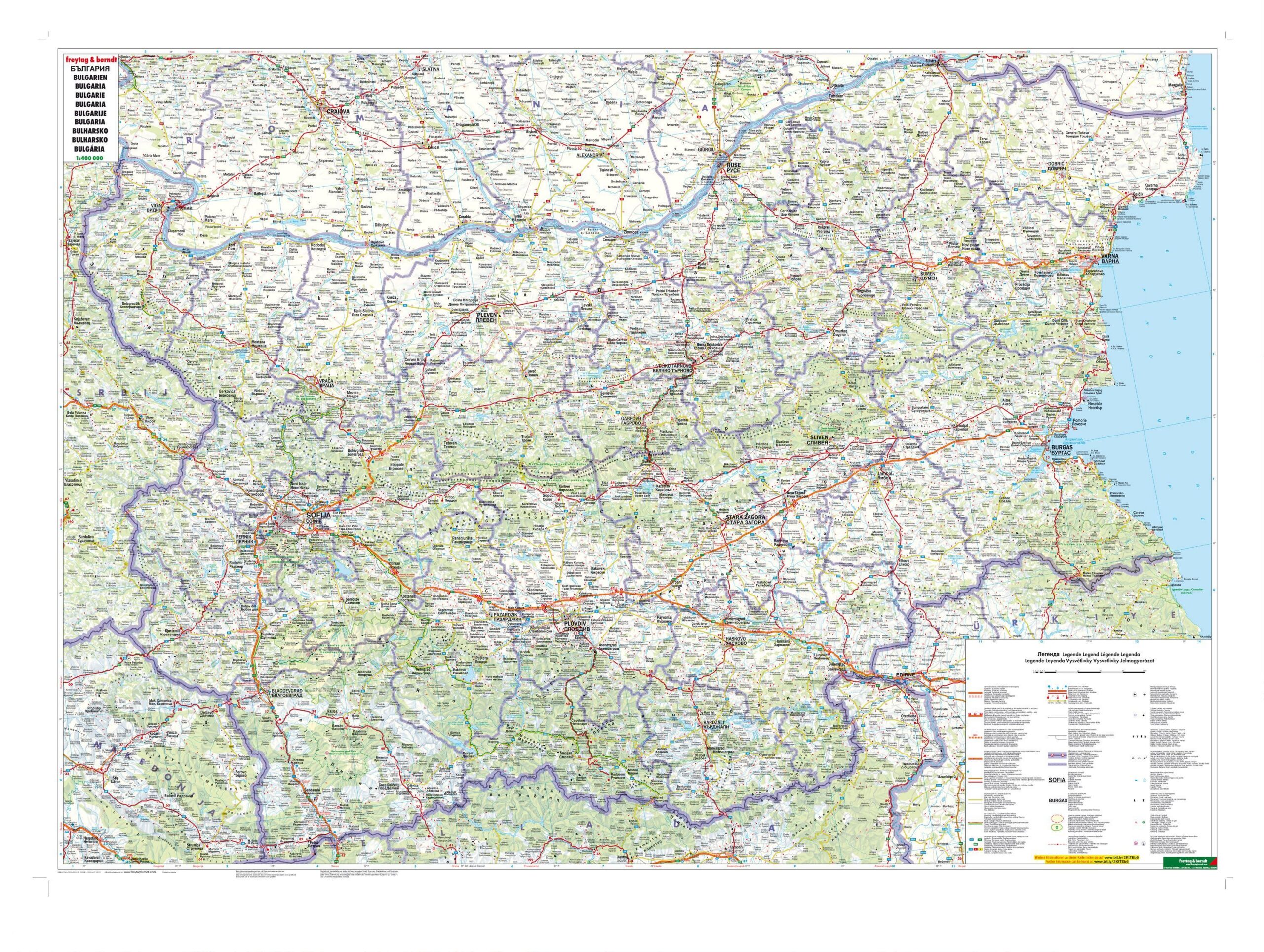 Utbrettet vei- og turkart over Bulgaria i målestokk 1:400 000