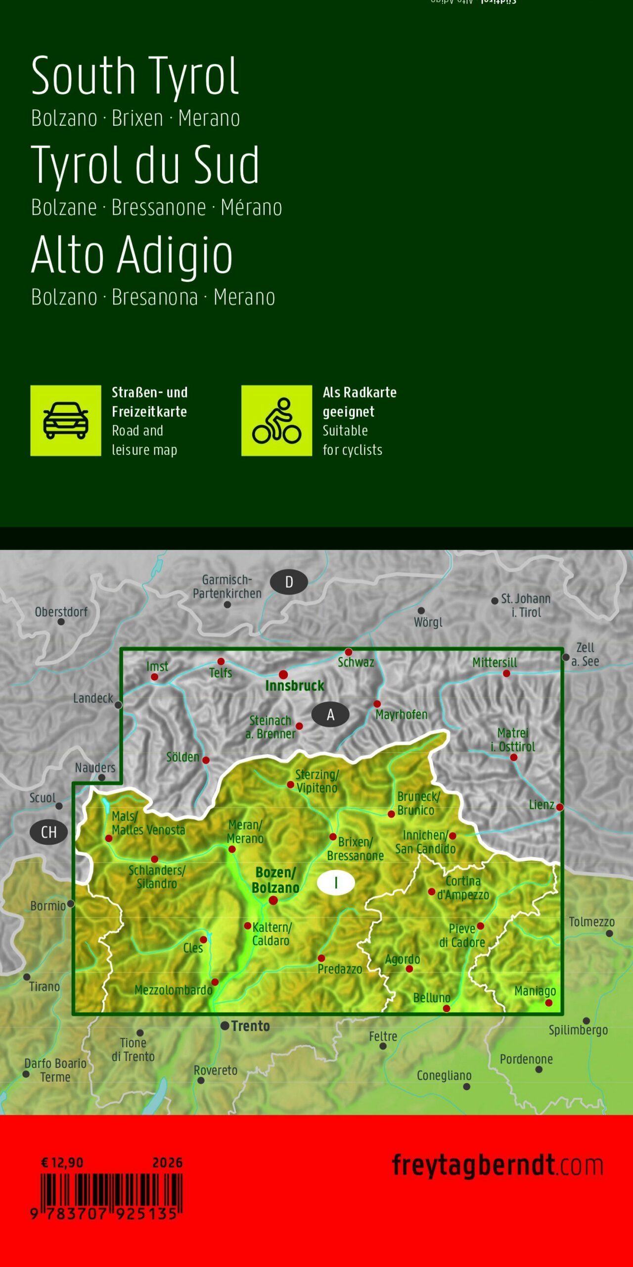 Back cover of a road and hiking map of South Tyrol, with information about the map's content and the area