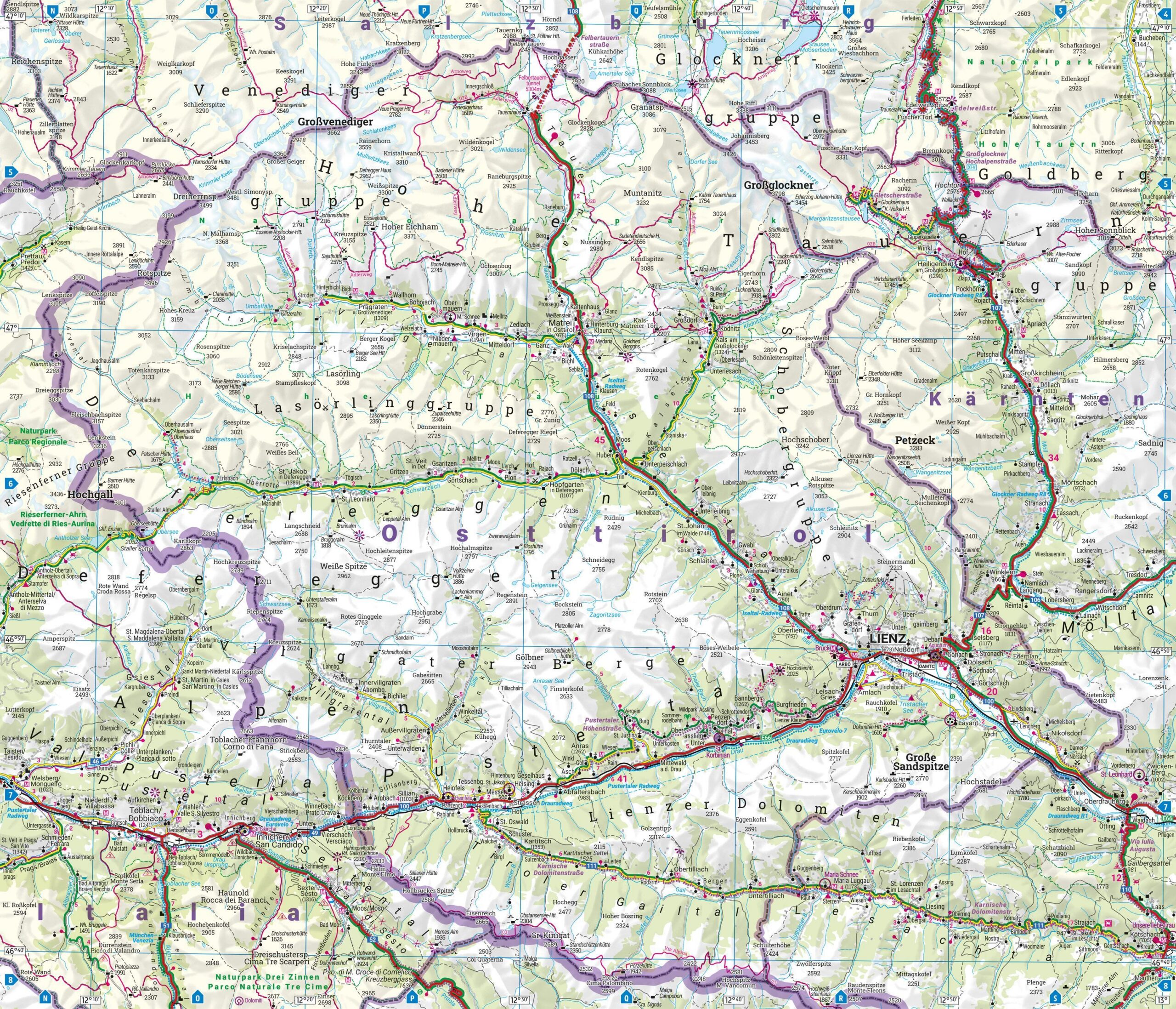 Detailed section of a road map of Tyrol showing Innsbruck and the surrounding areas