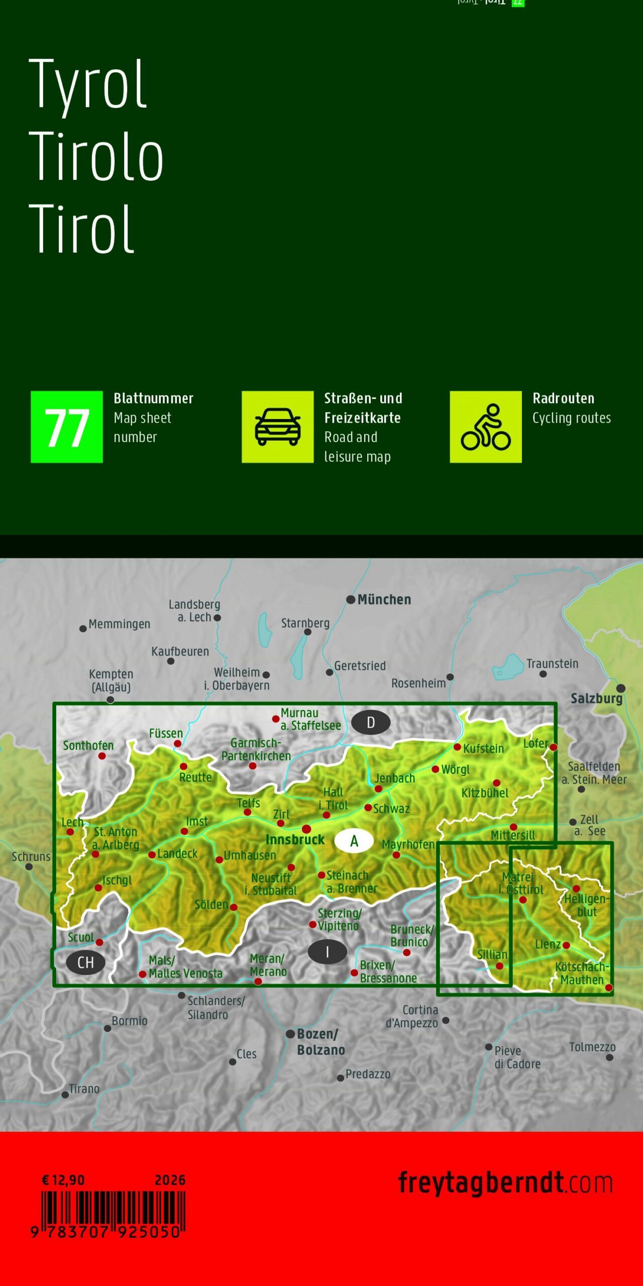 Back cover of a road and hiking map of Tyrol, with information about the map's content and the area covered