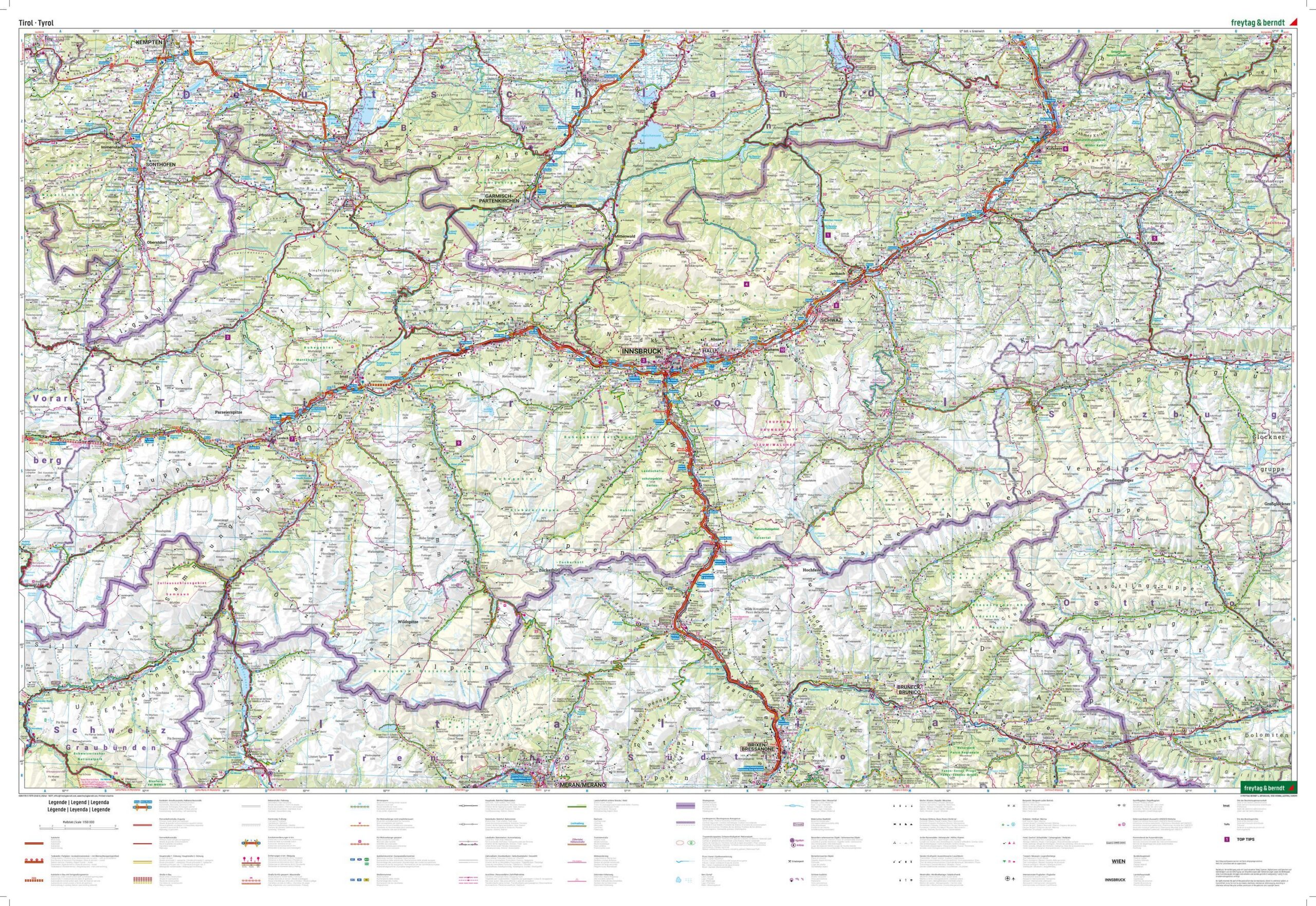 Unfolded road and hiking map of Tyrol at a scale of 1:150,000