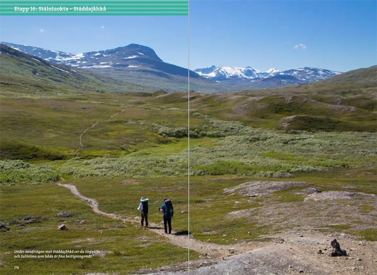 Oppslag fra Fjällvandra i Padjelanta och Sulitelma med kart, rutebeskrivelser og fotografier