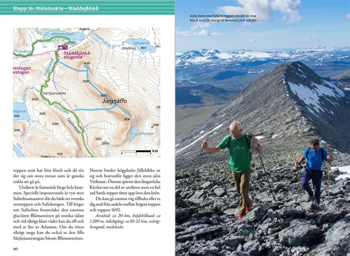 Oppslag fra Fjällvandra i Padjelanta och Sulitelma med kart, rutebeskrivelser og fotografier