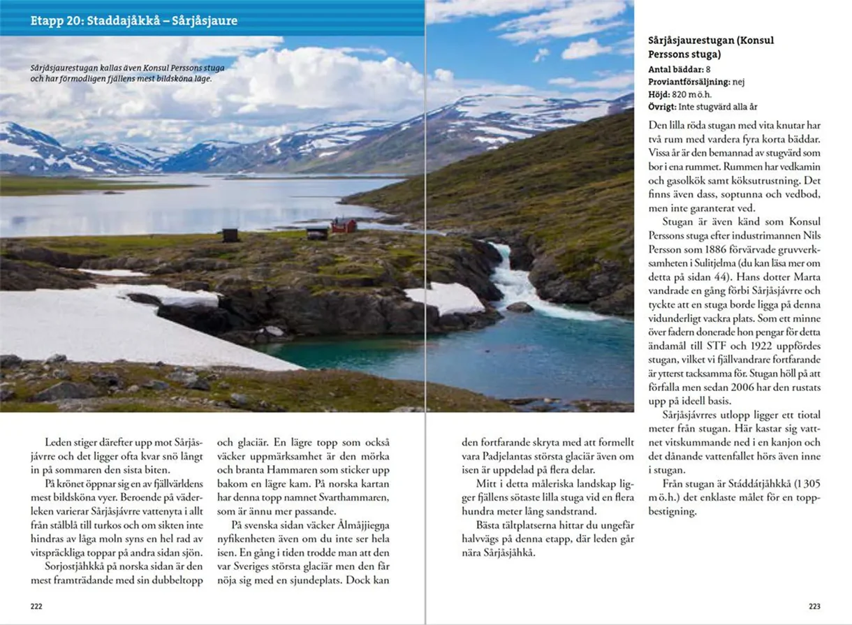 Oppslag fra Fjällvandra i Padjelanta och Sulitelma med kart, rutebeskrivelser og fotografier