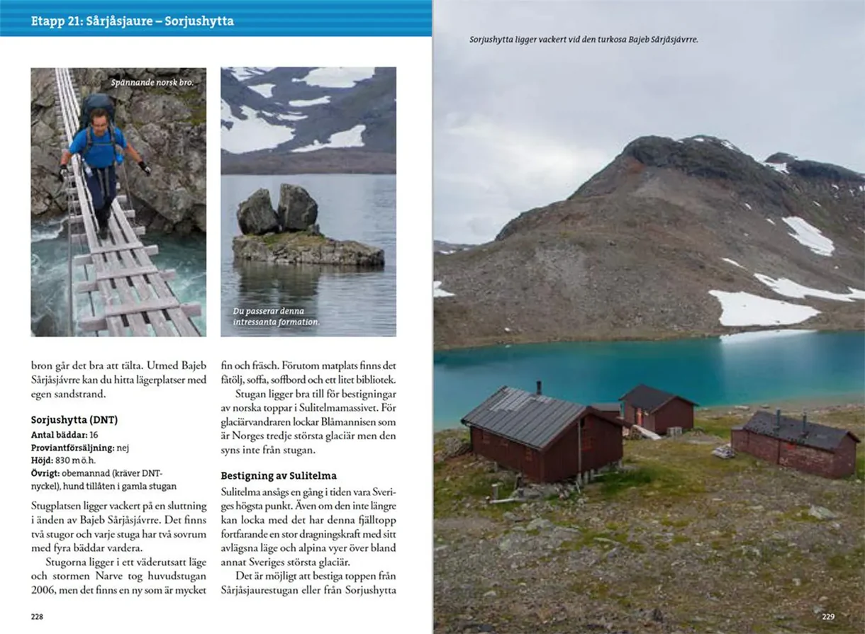 Oppslag fra Fjällvandra i Padjelanta och Sulitelma med kart, rutebeskrivelser og fotografier