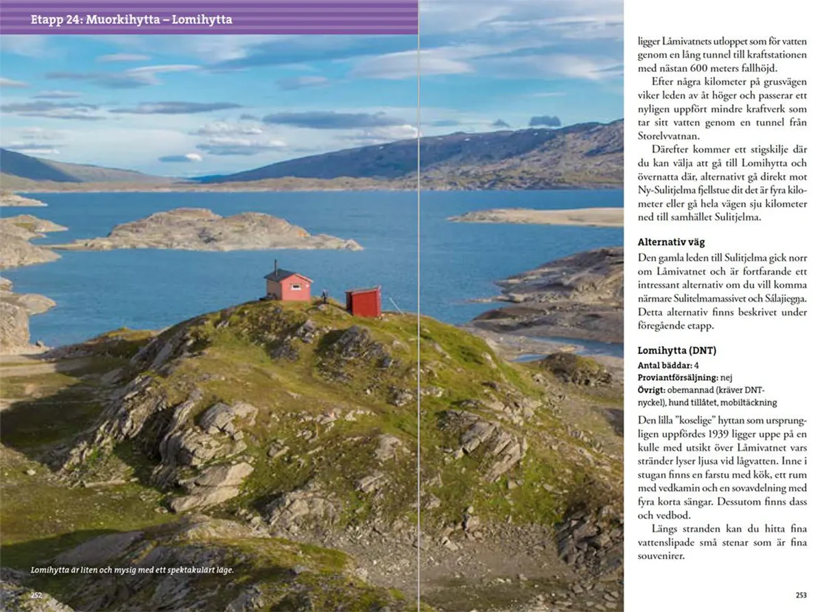Oppslag fra Fjällvandra i Padjelanta och Sulitelma med kart, rutebeskrivelser og fotografier