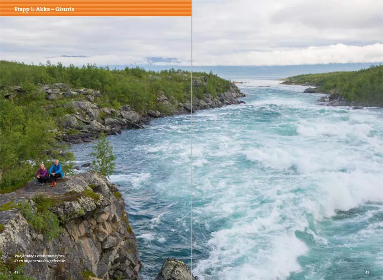 Oppslag fra Fjällvandra i Padjelanta och Sulitelma med kart, rutebeskrivelser og fotografier