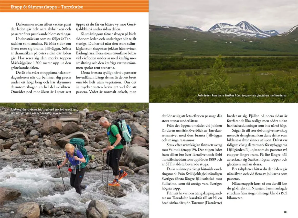 Oppslag fra Fjällvandra i Padjelanta och Sulitelma med kart, rutebeskrivelser og fotografier