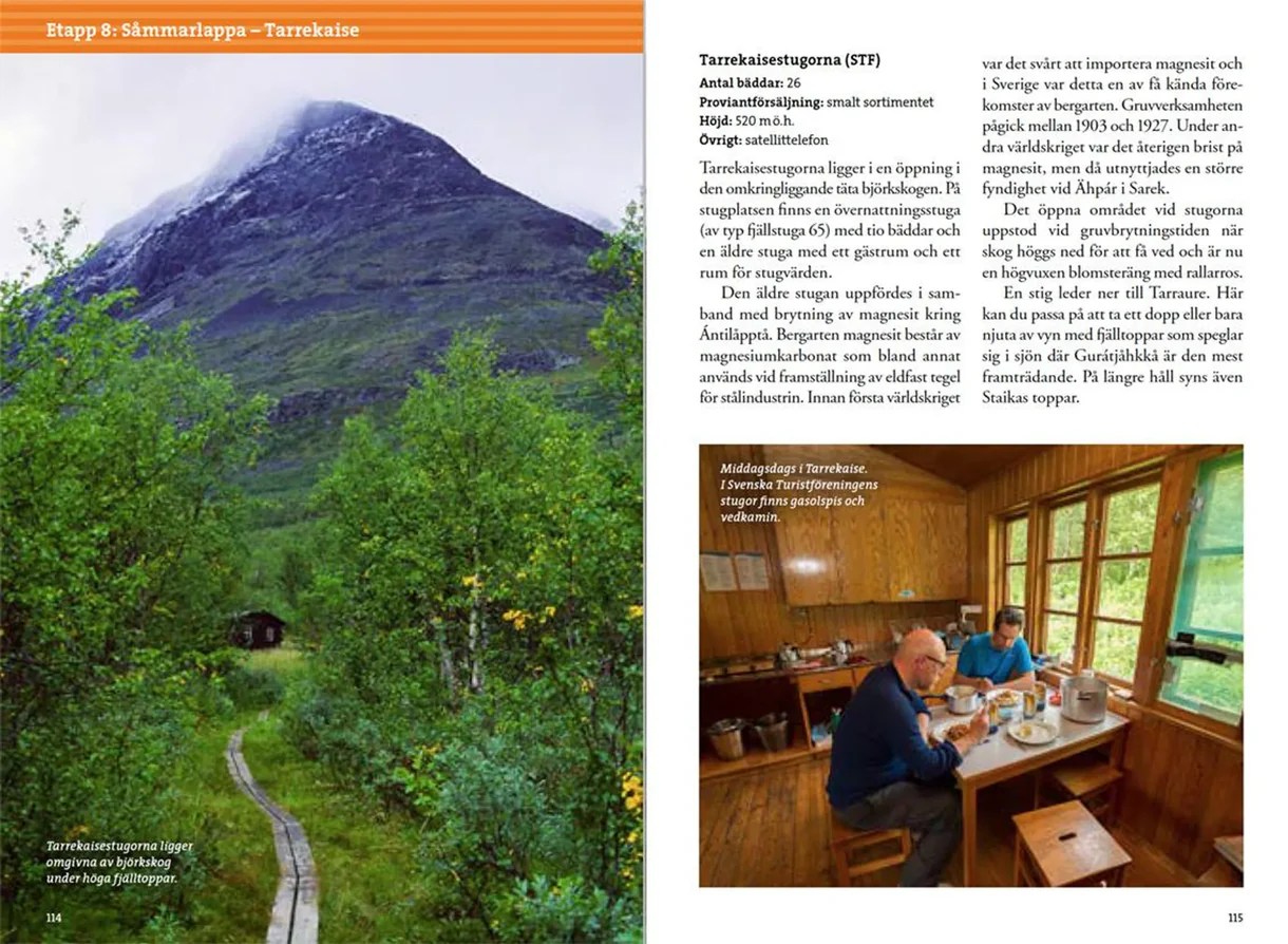Oppslag fra Fjällvandra i Padjelanta och Sulitelma med kart, rutebeskrivelser og fotografier