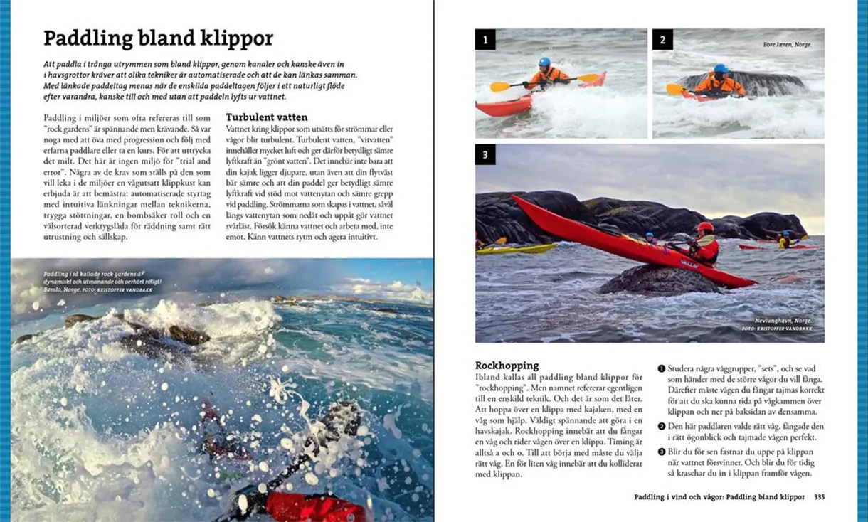 Oppslag fra Stora boken om kajakpaddling med illustrasjoner og padleteknikker