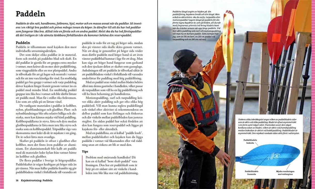 Oppslag fra Stora boken om kajakpaddling med illustrasjoner og padleteknikker