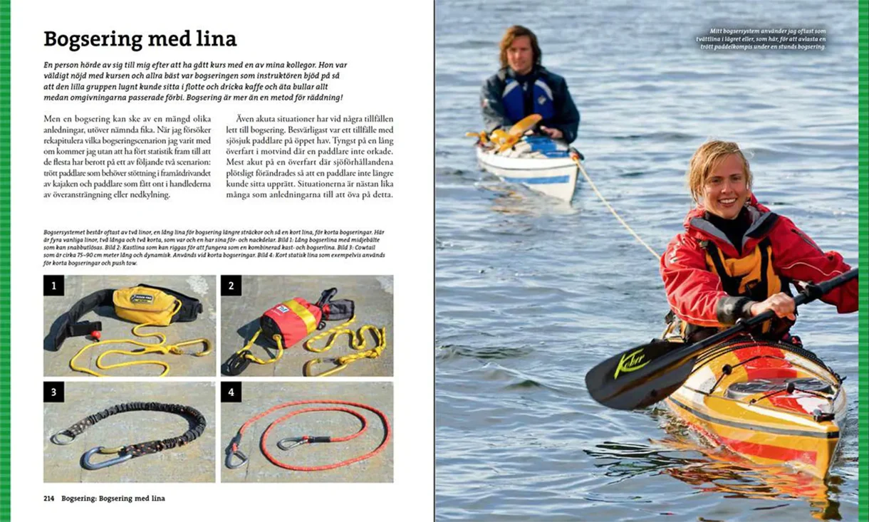 Oppslag fra Stora boken om kajakpaddling med illustrasjoner og padleteknikker